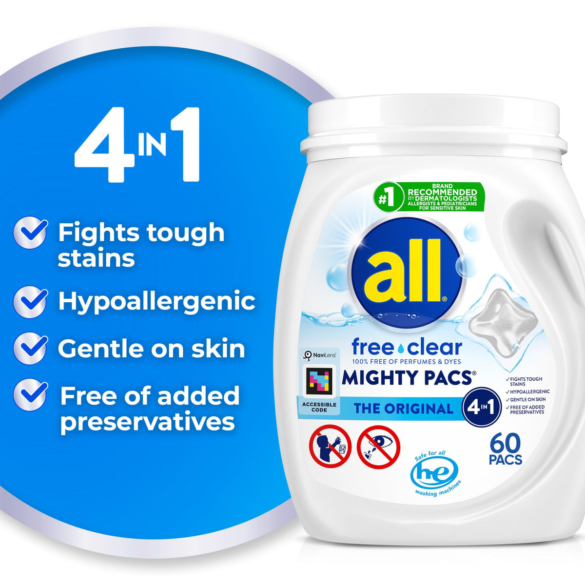 All Mighty Pacs Laundry Detergent, Free Clear for Sensitive Skin, Tub, 60 Count