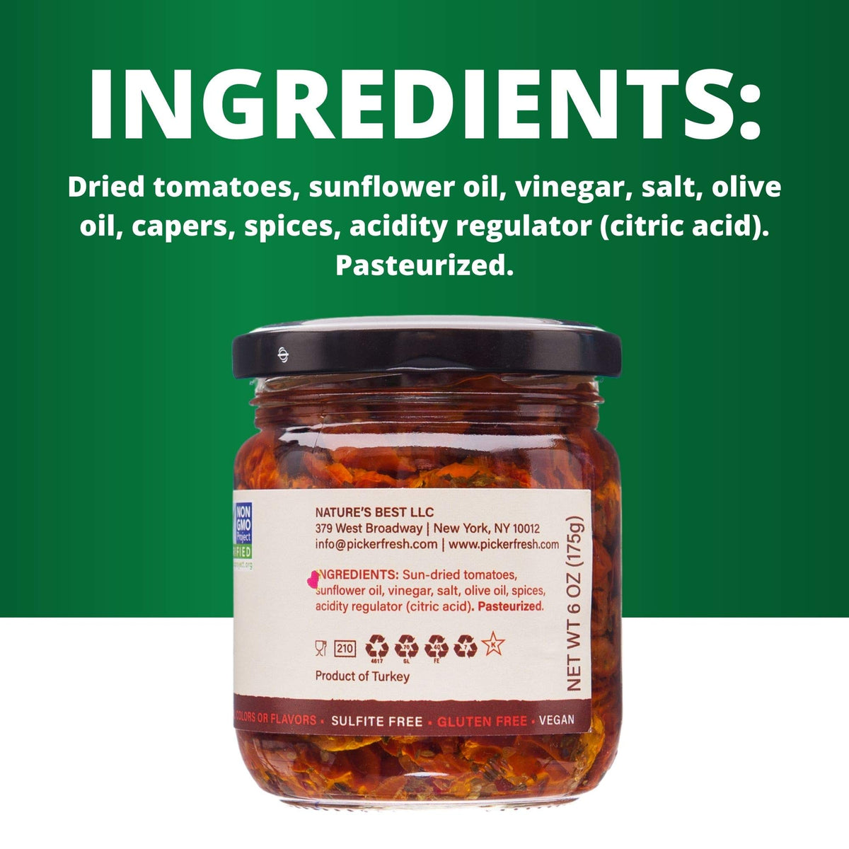 Pickerfresh Julienne Cut Sun-Dried Tomatoes In Oil with Herbs - Sulphite Free - Gourmet Sun-Dried Tomato Slices - Non-GMO, No Artificial Color & No