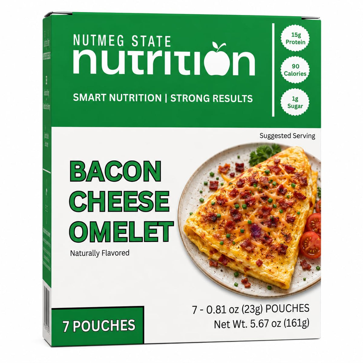 Nutmeg State Nutrition - High Protein Bacon Cheese Omelette Mix, 15g Protein, 90 Calories, 1g Sugar, 2.5g Fat, 7 Servings Per Box