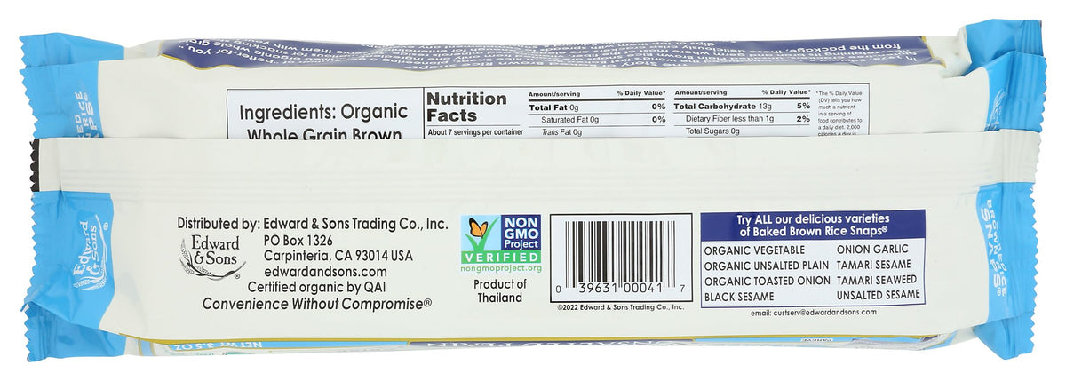 Edward & Sons, Rice Snaps Plain Unsalted Organic, 3.5 Ounce