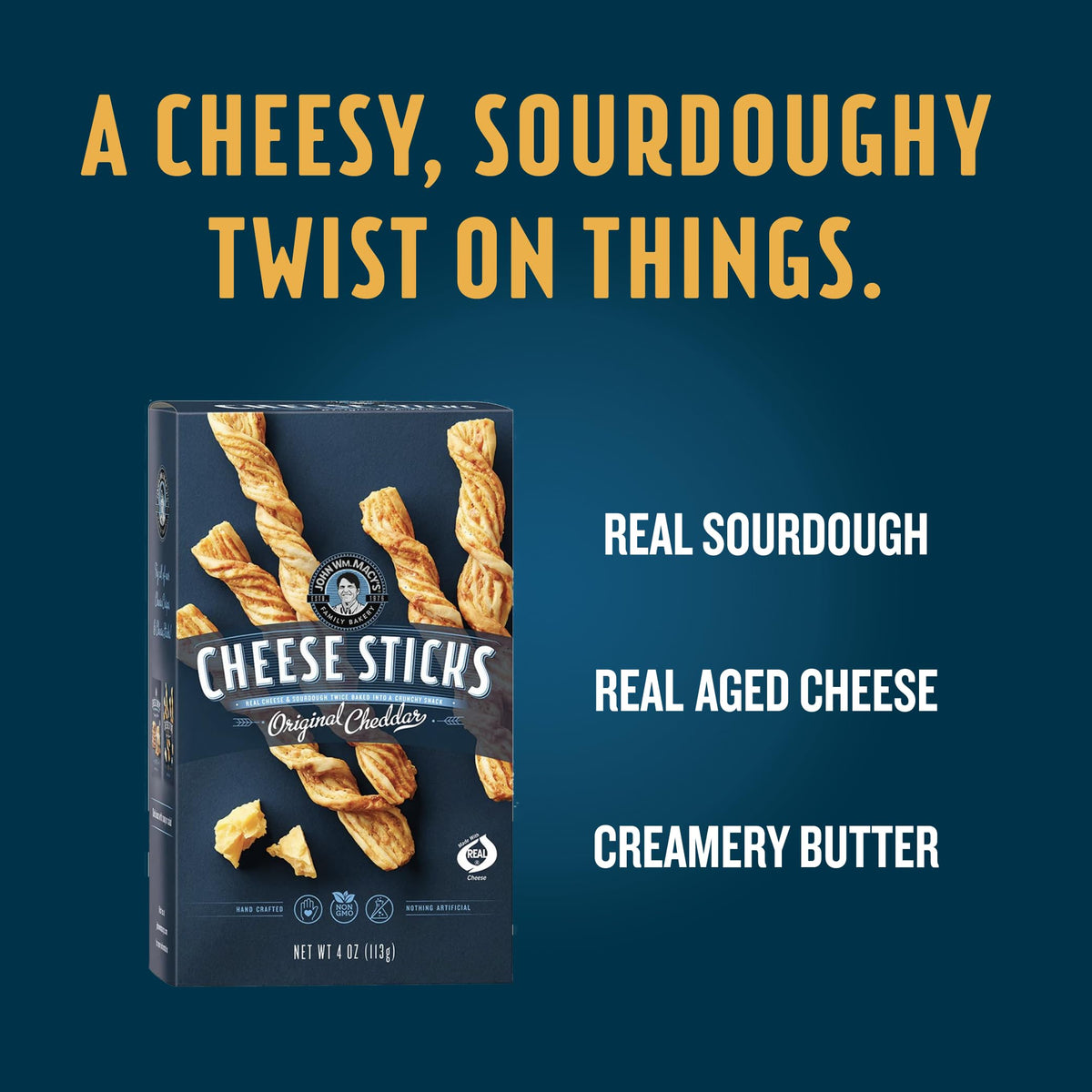 John Wm. Macy's - Original Cheddar CheeseSticks - Hand Crafted, Non GMO, and Nothing Artificial - Made with Real Cheese - 4 oz. Cartons - 3 Pack