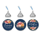 Andaz Press Navy Blue with Orange Pink Fall Watercolor Flowers Baby Shower Party Collection, Personalized Chocolate Drop Label Stickers Trio, Custom