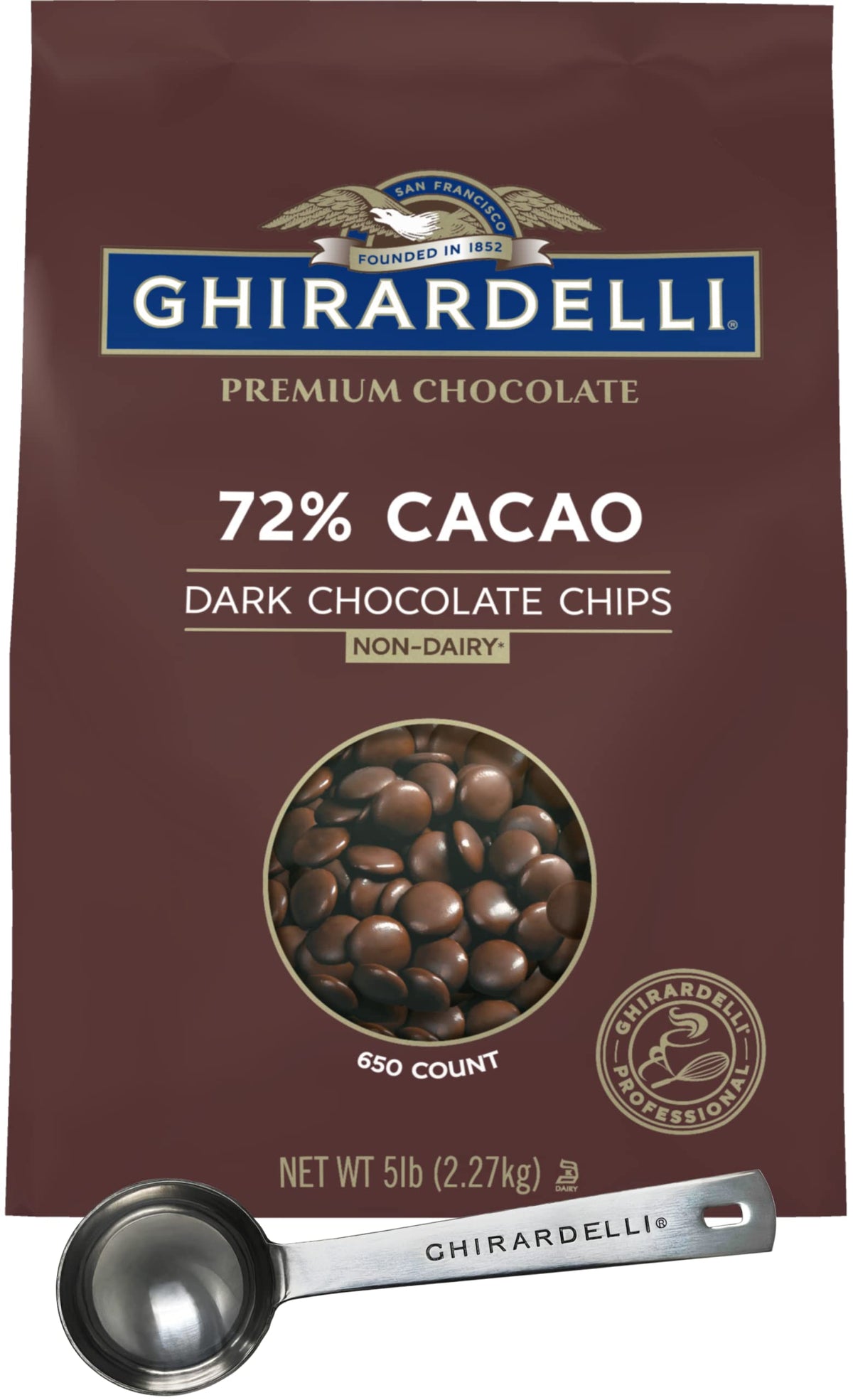 Ghirardelli 72% Cacao Chocolate Chips, 5lb with Ghirardelli Barista Spoon