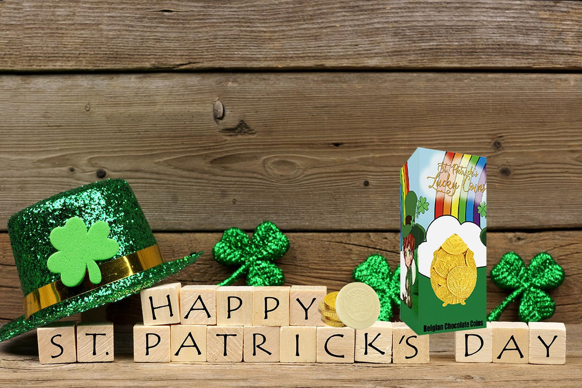St. Patrick's Day White Milk Chocolate Coins, Half-Dollar Gold Foil Coins, Made with Premium Belgian Chocolate, Gluten-Free, Nut-Free, Kosher