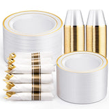 WELLIFE 350-Piece Gold Disposable Plates and Cutlery Set - Premium 10.25" Dinner Plates, 7.5" Dessert Plates, 9oz Cups & Cutlery for Weddings