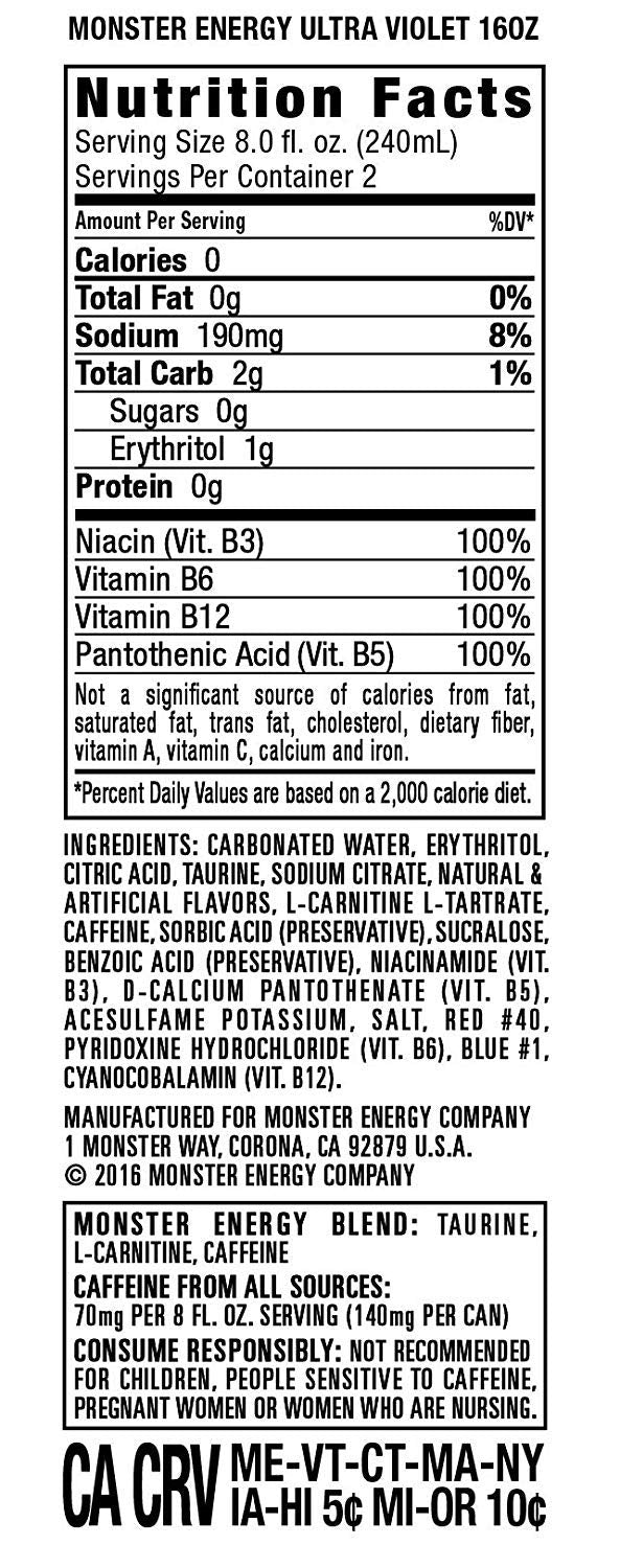 Monster Energy Ultra Zero Sugar Energy Drinks 16 ounce cans (Ultra Violet, 6 Cans)