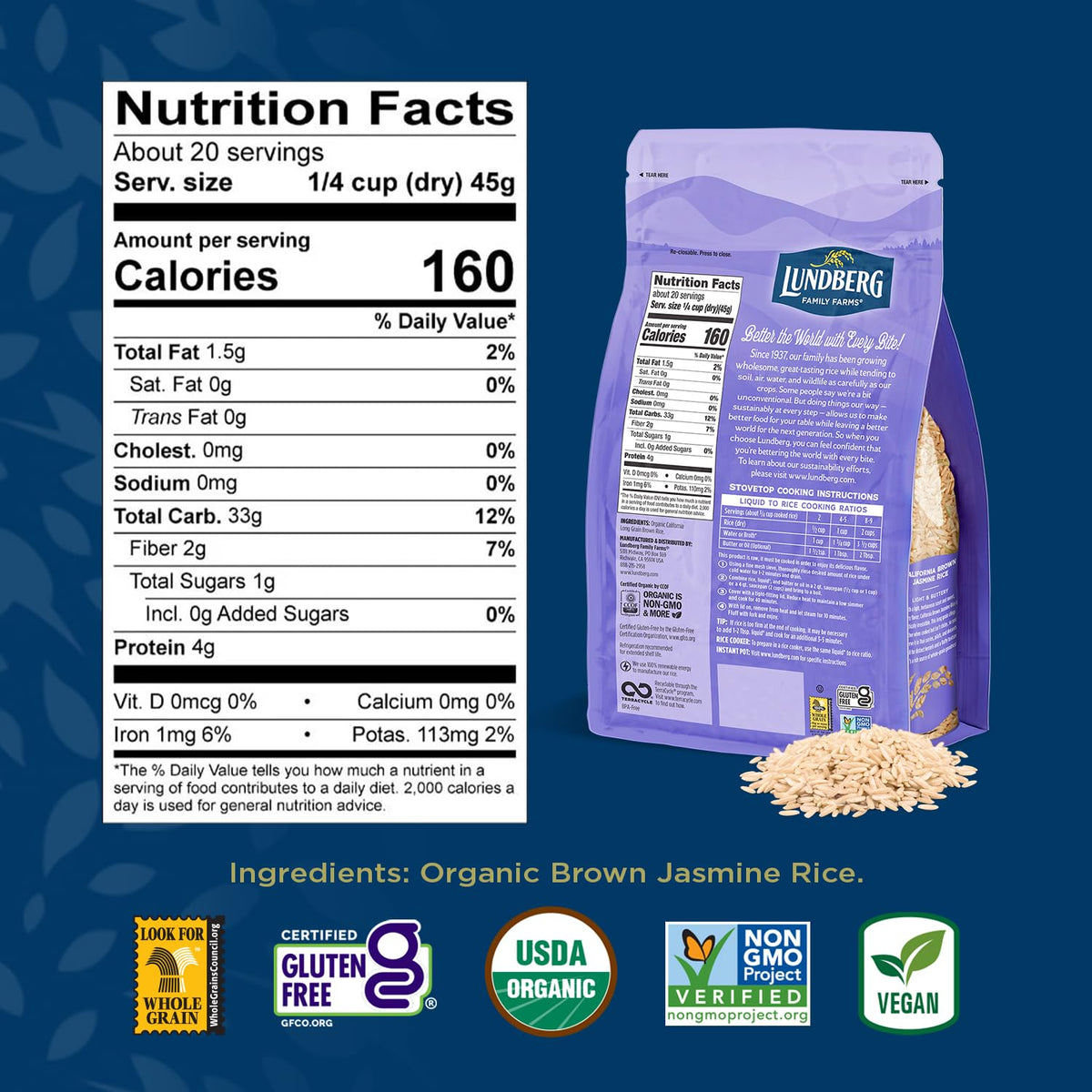 Lundberg Organic Jasmine Rice, Long Grain Brown Rice - Non-Sticky, Fluffy Aromatic Rice, Organically Grown in California, Pantry Staples, 32 Oz