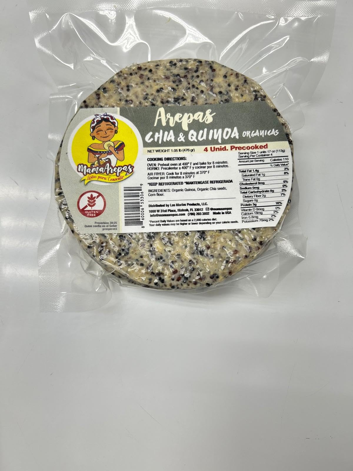 Mama Arepas Gluten-Free, Pre-Cooked, 4 Count (Chia & Quinoa)