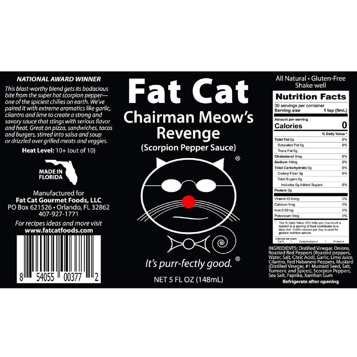 Chairman Meow's Revenge Scorpion Pepper Sauce by Fat Cat Gourmet | Strong & Savory | Great with Grilled Meats, Veggies, Tacos, Dips | Very Hot |