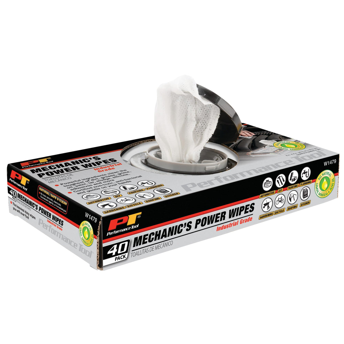 Performance Tool W1479 40Pk Industrial Mechanic Wipes - Heavy Duty Cleaning Wipes for Grease, Oil, and Grime, Ideal for Automotive and Industrial Use