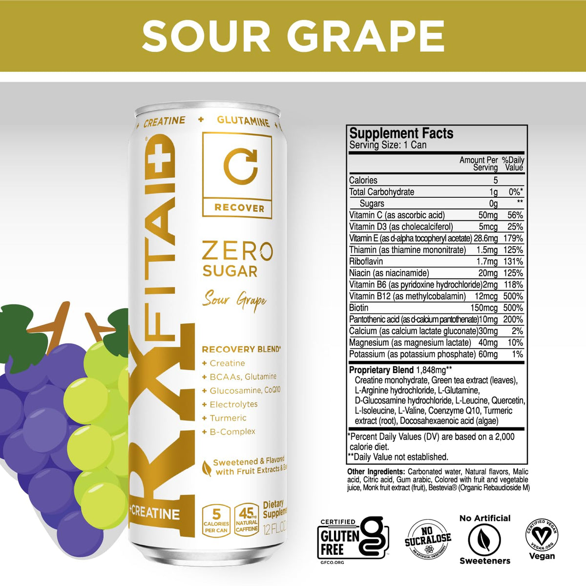 FITAID Rx Zero, Keto-Friendly, Number 1 Post-Workout Recovery Drink, 0g Sugar, Quercetin, Creatine, BCAAs, Green Tea, 5 Calories, 12 Fl Oz (Pack