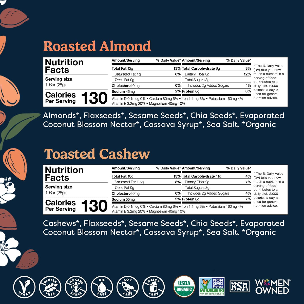 Tosi Almond and Cashew Protein Bars Combo, Plant Based with Nuts, Gluten-Free Crunchy Snacks, Vegan, Organic, Flax & Chia Seeds, Soy-Free, Omega 3s
