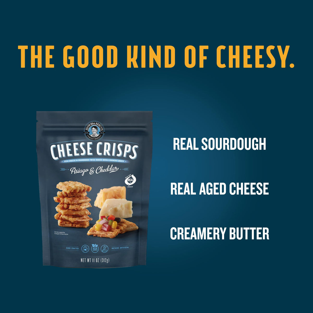 John Wm. Macy - Asiago & Cheddar Cheese Crisps - Hand Crafted, Non GMO, and Nothing Artificial - Made with Real Cheese - 11 oz. Bags - 2 Pack