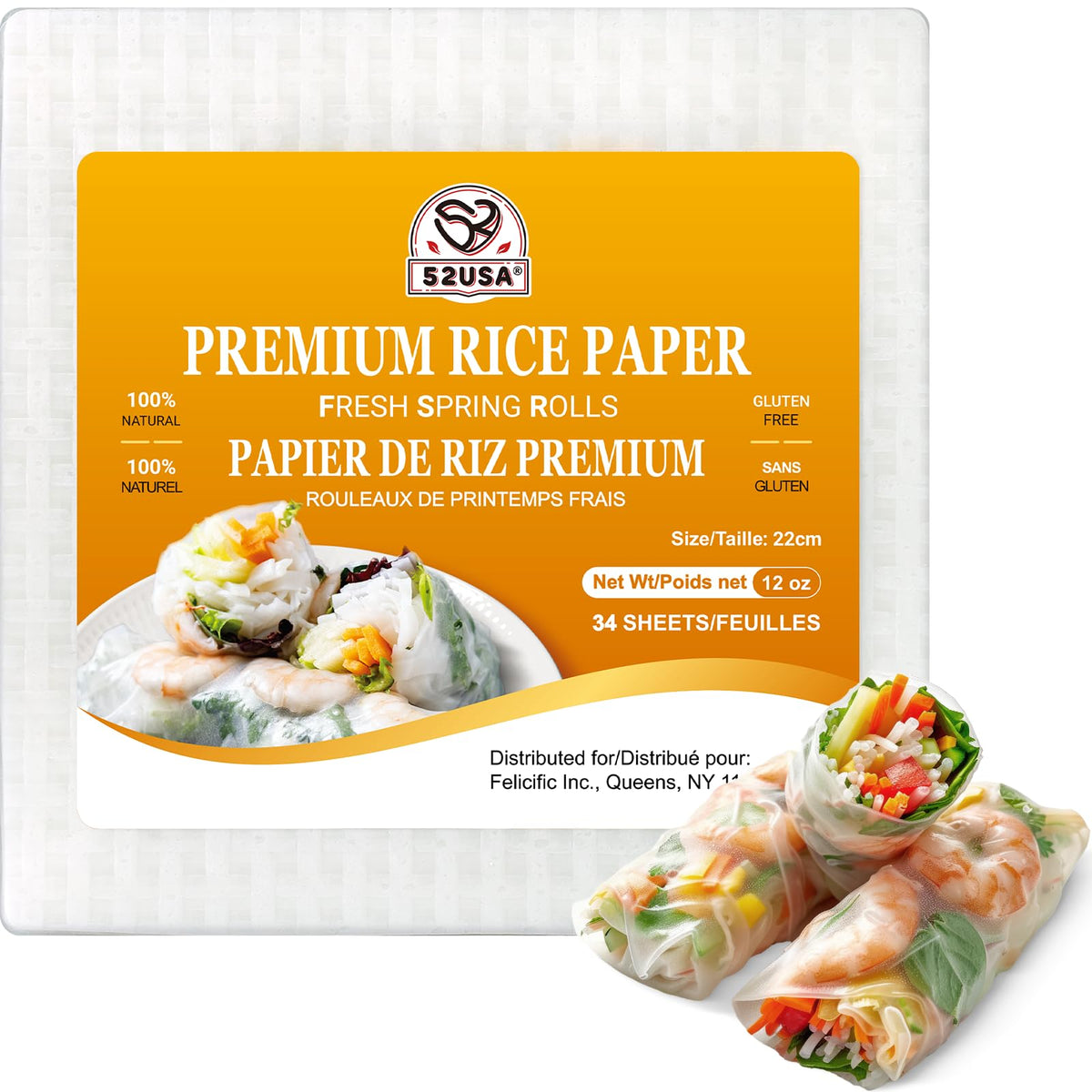 52USA Square Rice Paper Wrappers, 1 Pack, Spring Roll Wrappers & Dumplings