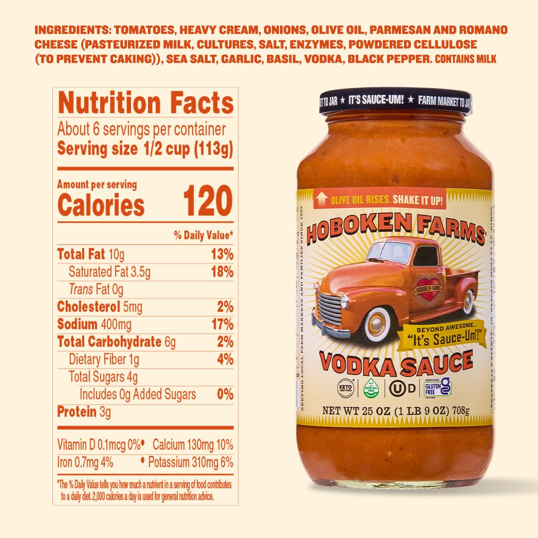 Hoboken Farms Vodka Sauce - No Sugar Added, Non-GMO, Preservative-Free, Low Carb, Keto - Better For You Pasta Sauce! (25 Fl Oz, Pack of 4)