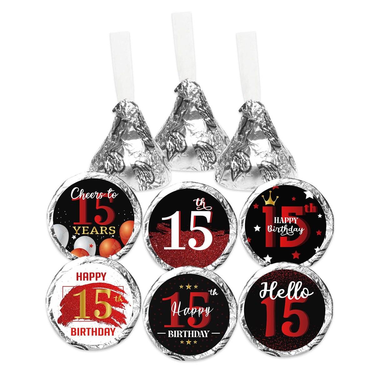 Happy 15th Birthday Party Favor Labels Chocolate Candy Stickers - Fifteen Years Old Birthday Round Candy Sticker Party Favors - Black and Red - 150