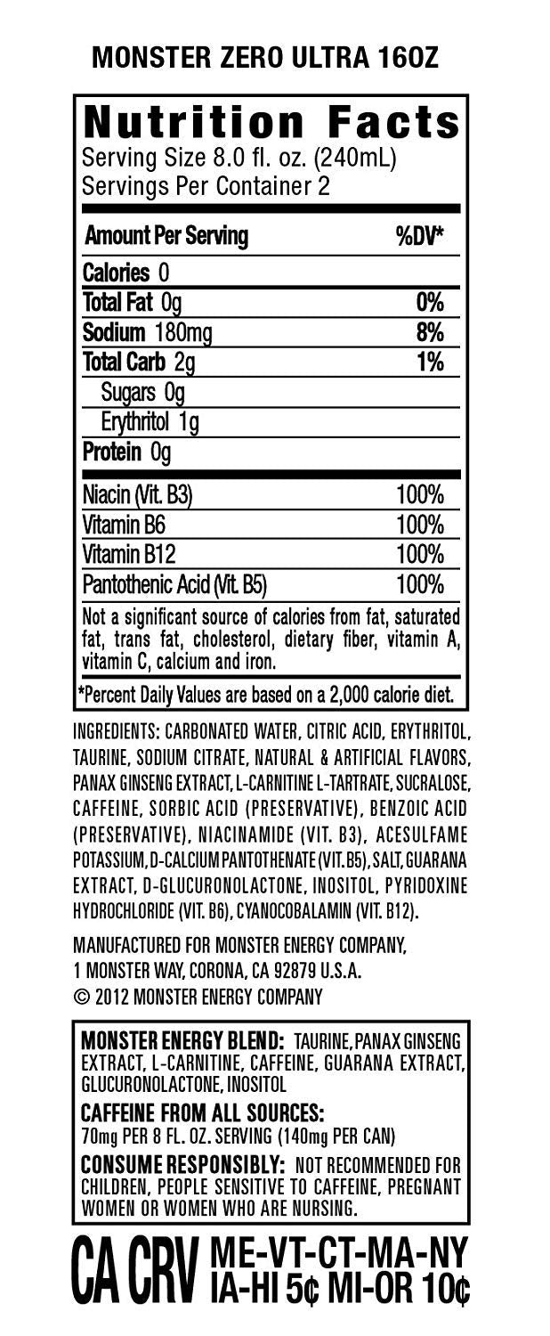 Monster Energy Ultra Zero Sugar Energy Drinks 16 ounce cans (Ultra Zero, 12 Cans)