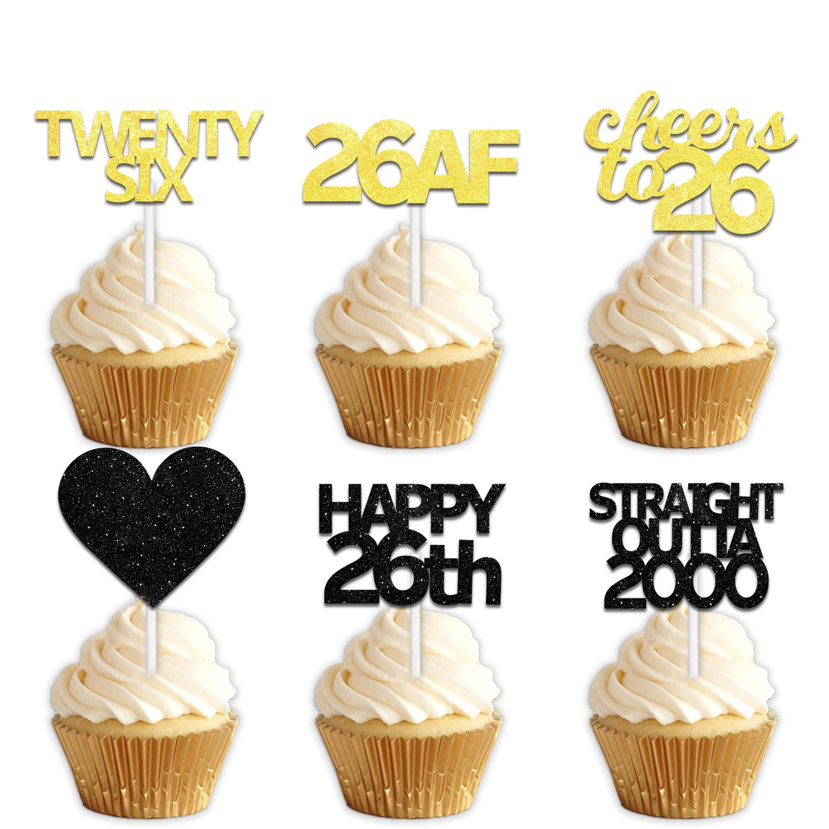 18pcs Black Gold Glitter Dessert Cupcake Pick for Straight Outta 2000 Cheer to 26 Years Old Theme Decor Supplies Happy 26th Birthday Party Decoration