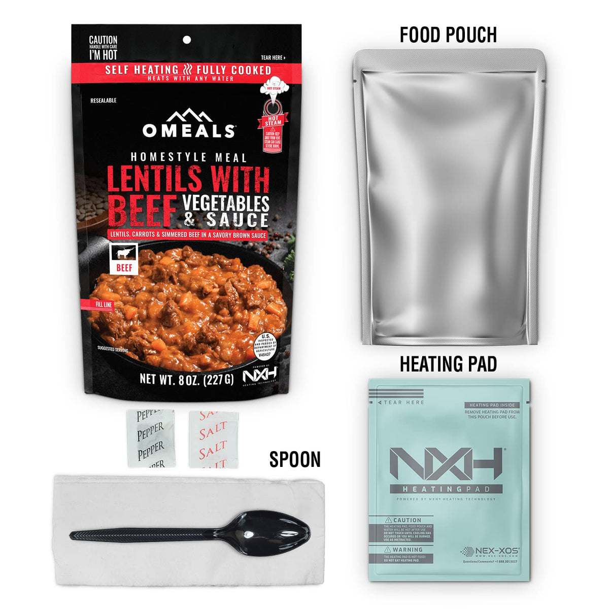 OMEALS Lentils with Beef MRE | Sustainable Premium Outdoor Food | Extended Shelf Life | Fully Cooked w/Heater | No Refrigeration | Perfect for Outdoor