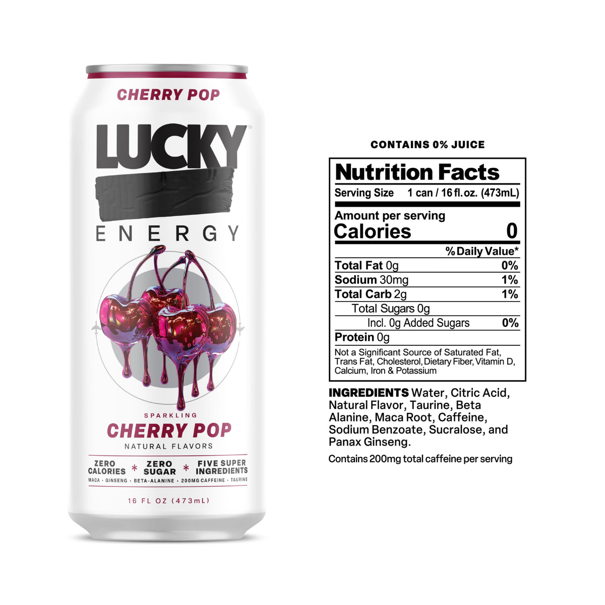 Lucky Energy Drink Cherry Pop, Zero Sugar, 200mg Caffeine, 12 Pack