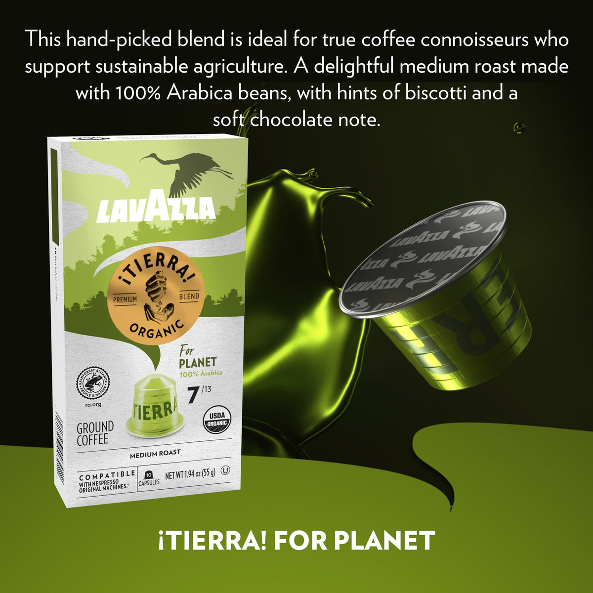 Lavazza ¡Tierra! for Planet Aluminum Capsules Compatible with Nespresso* Original Machines, Medium Espresso Roast, 100% Arabica (60 Capsules)