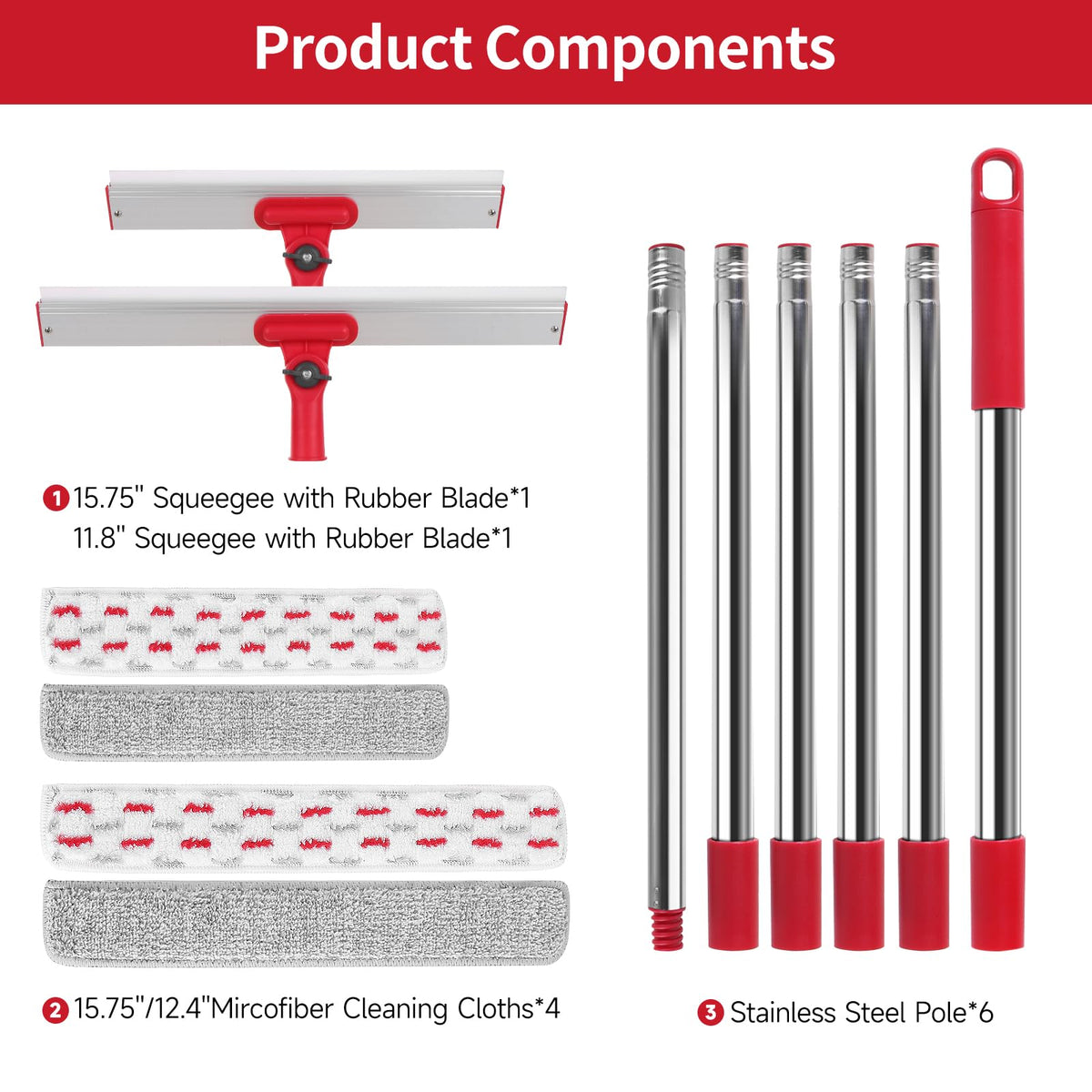 86.6" Window Squeegee for Home, Squeegee for Window Cleaning Kit with 6-Section Adjustable Long Handle, 16" & 12" Glass Scraper Squeegee for Shower