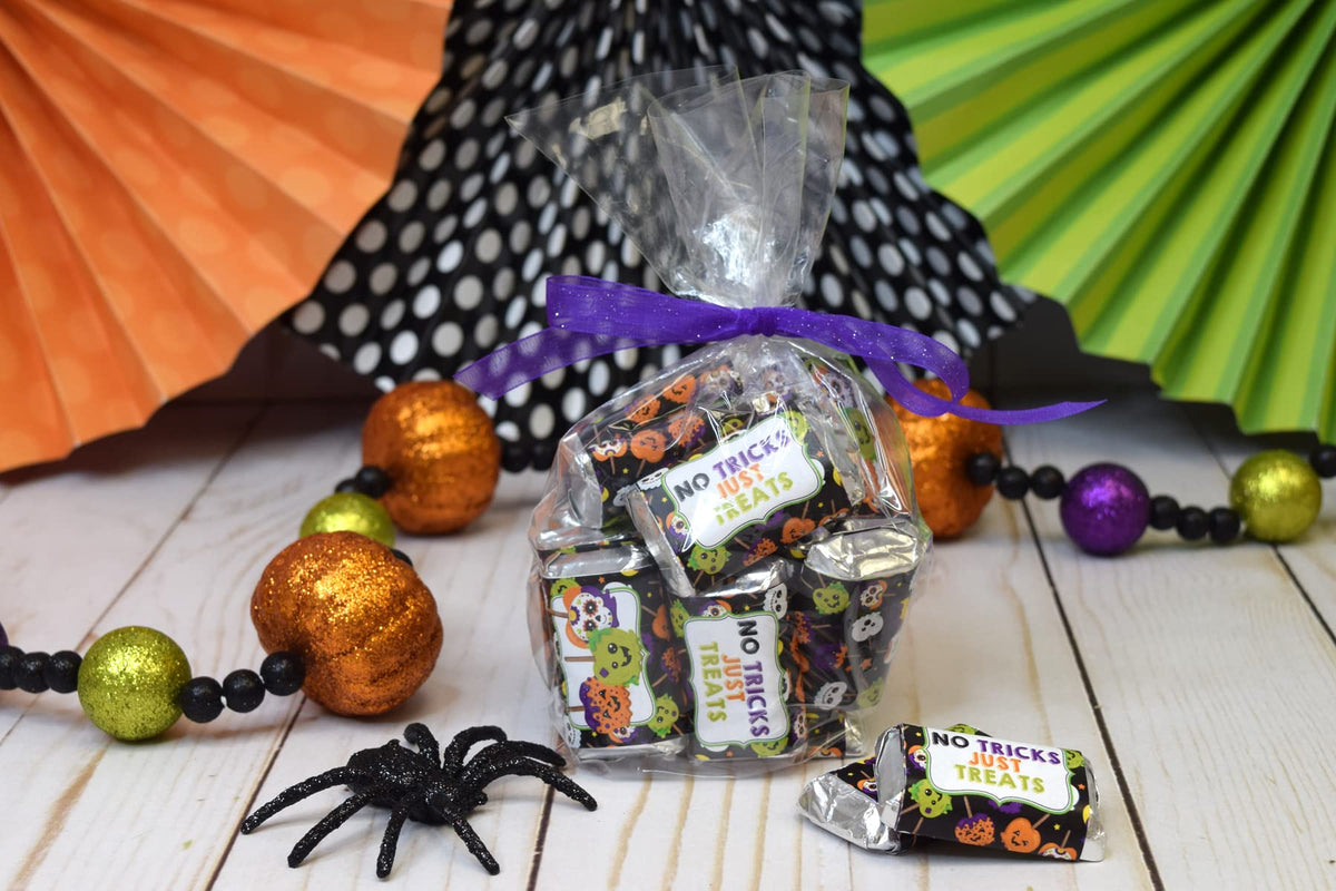 Spooky Candy Apple Themed Halloween Birthday Party Mini Chocolate Candy Bar Sticker Wrappers, 45 1.4" x 2.6" Wrap Around Labels by AmandaCreation