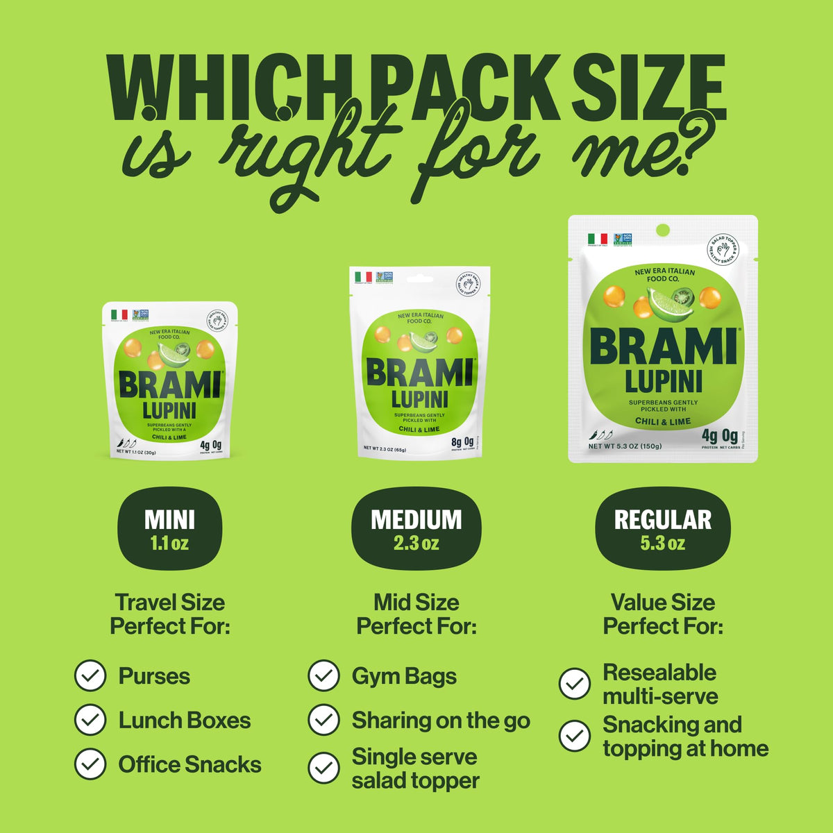 BRAMI Lupini Beans Snack, Chili & Lime | 7g Plant Protein, 0g Net Carbs | Vegan, Vegetarian, Keto, Plant Based, Mediterranean Diet, Non Perishable |