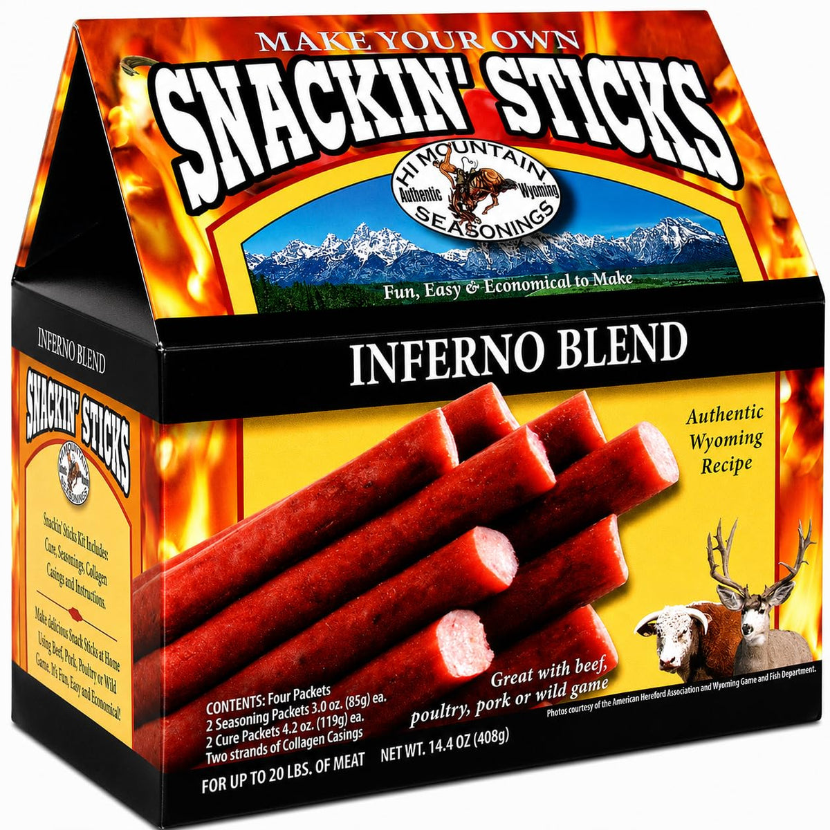 Hi Mountain Seasonings ? Snack Stick Seasoning Kit ? INFERNO BLEND ? Includes Seasoning, Cure, Casings, & Directions ? Seasons up to 20 lbs of Meat ?