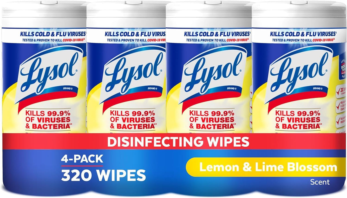 Lysol Disinfectant Wipes, Multi-Surface Antibacterial Cleaning Wipes, For Disinfecting and Cleaning, Lemon and Lime Blossom, Pack of 4