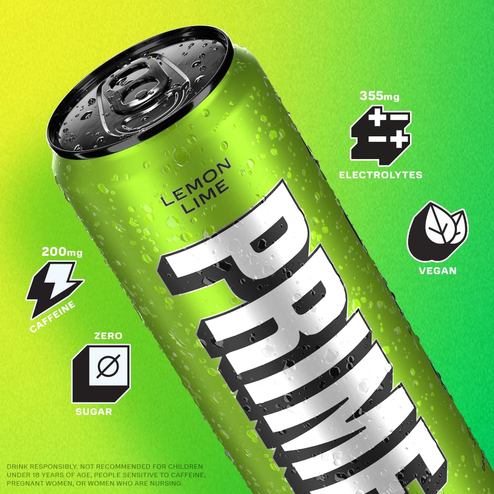 PRIME Energy LEMON LIME | Zero Sugar Energy Drink | Preworkout Energy | 200mg Caffeine with 355mg of Electrolytes and Coconut Water for Hydration|