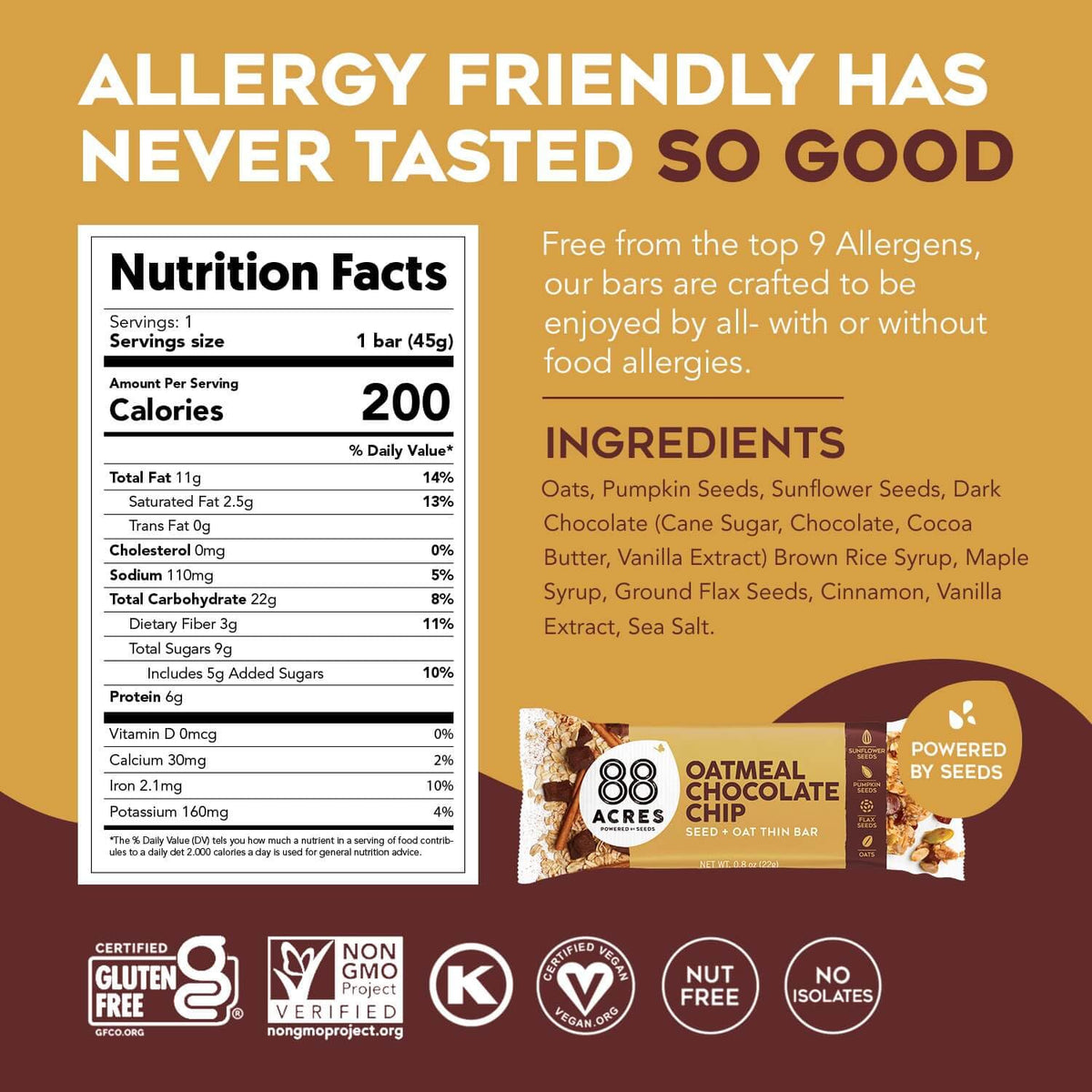 88 Acres Granola Bars, Oatmeal Chocolate Chip, 6 Count, School Safe, Allergen Free Seed & Oat Snack Bar, Gluten & Nut Free, Vegan, Non-GMO & Kosher