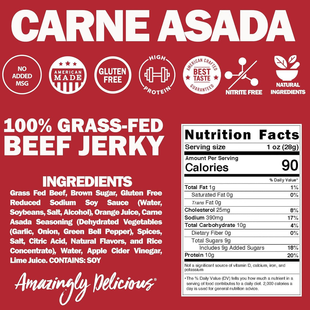 Field Trip Grass Fed Beef Jerky, Healthy Gluten Free Snacks, All Natural, High Protein, Low Carb Snack with No Nitrates, 2.2oz, 4 Pack, Carne Asada