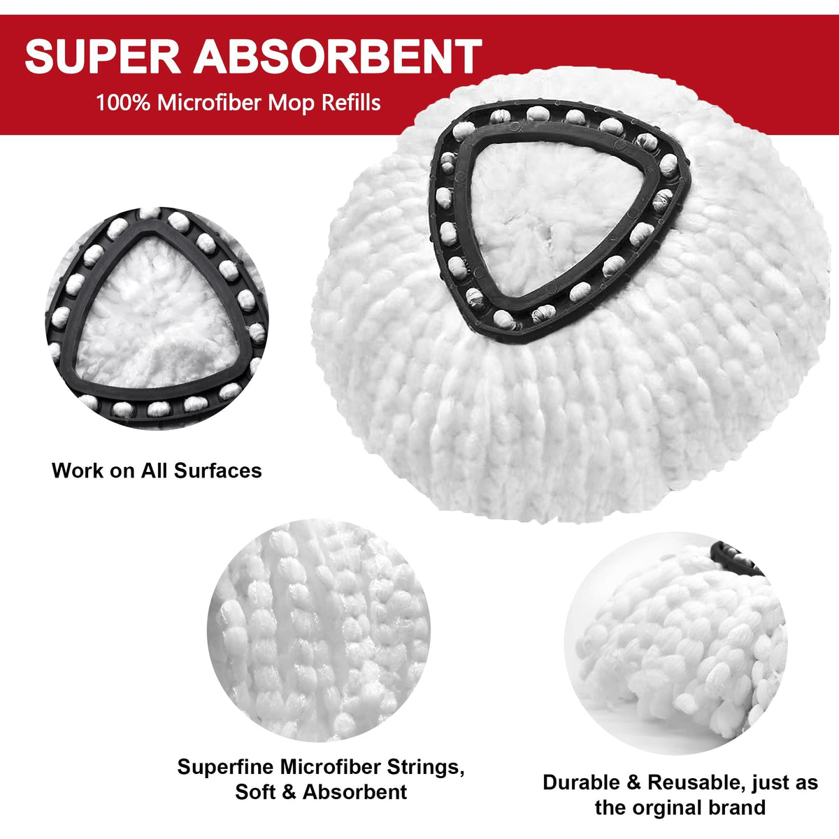 4 Pack Mop Heads Replacements for O-Ceda Easy Wrin Spin System, Microfiber Refills, Easy Cleaning Mop Repalce Head