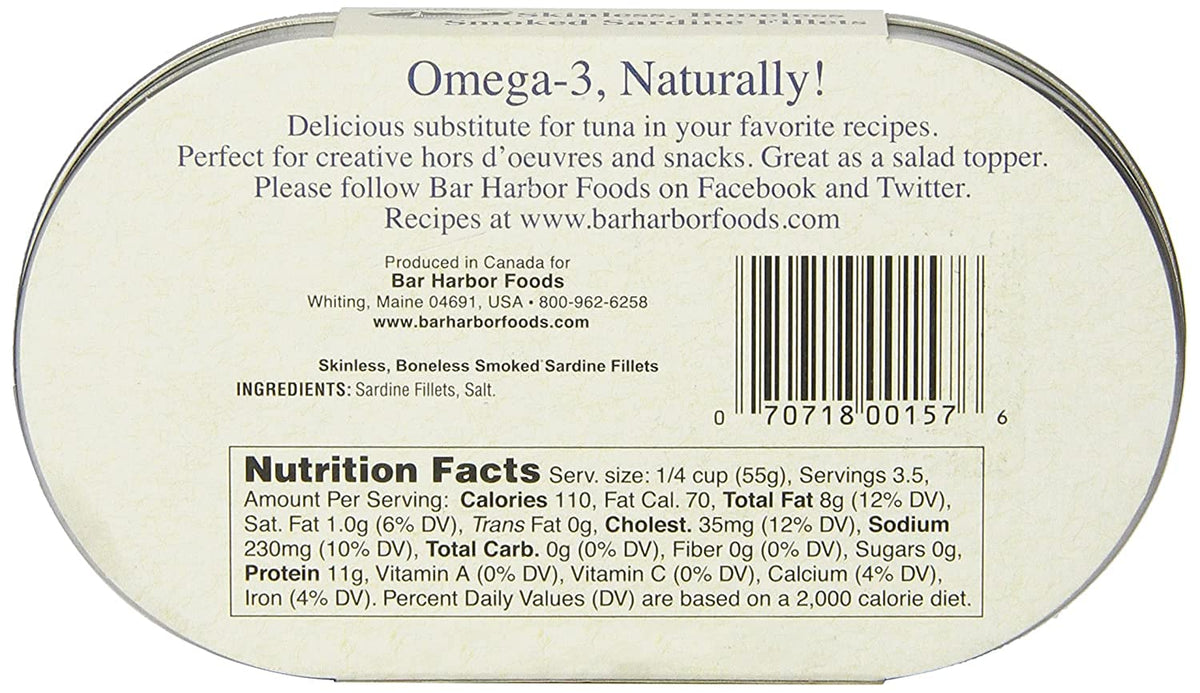 Bar Harbor Skinless & Boneless Smoked Sardine Fillets, 6.7 oz (190g) | Naturally Wood Smoked | Excellent Source of Protein | EZ-Open BPA-NI Can |