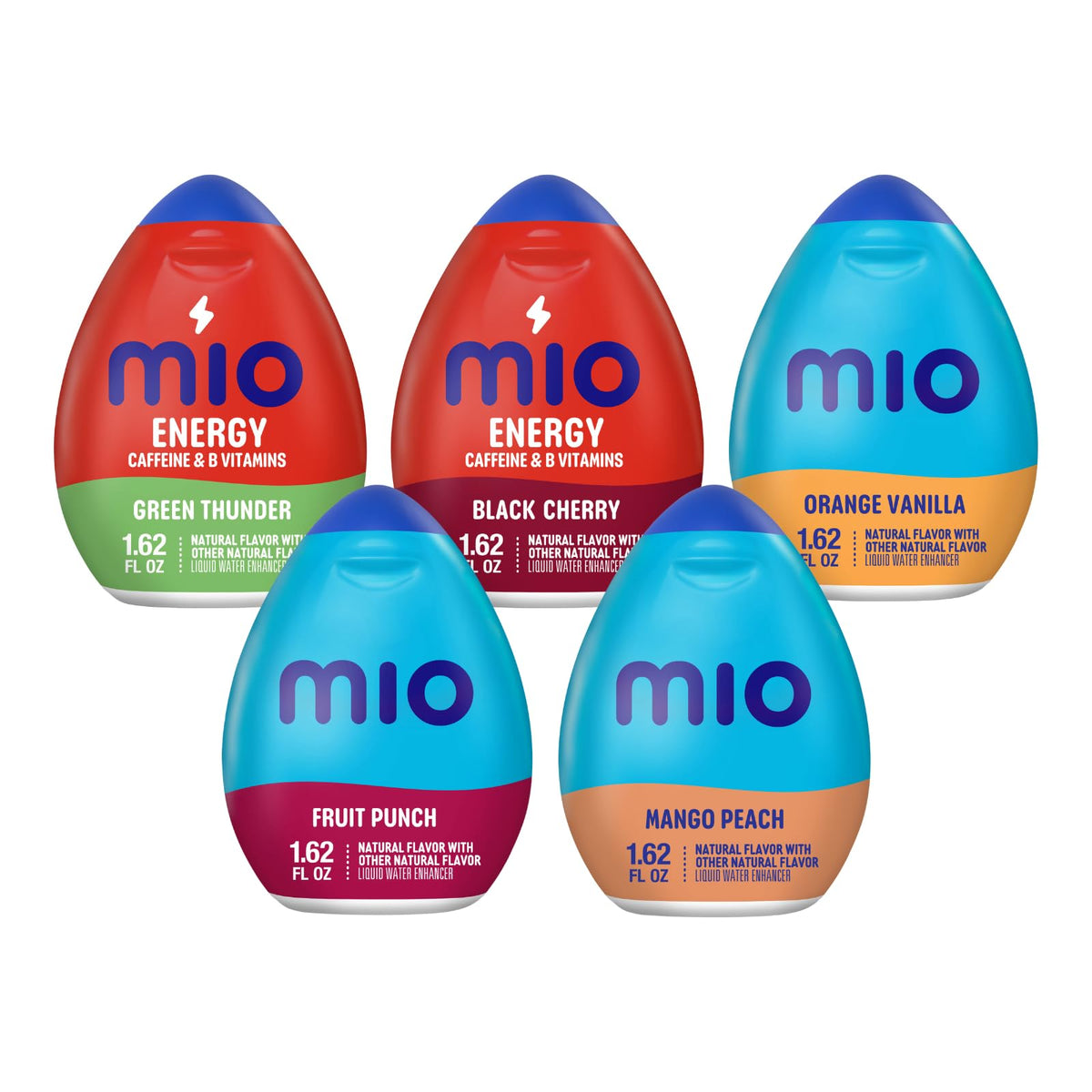Mio Water Enhancement Variety Pack Includes Green Thunder, Black Cherry, Orange Tangerine, Fruit Punch and Mango Peach 1.62 Fl Oz each (Pack of 5)