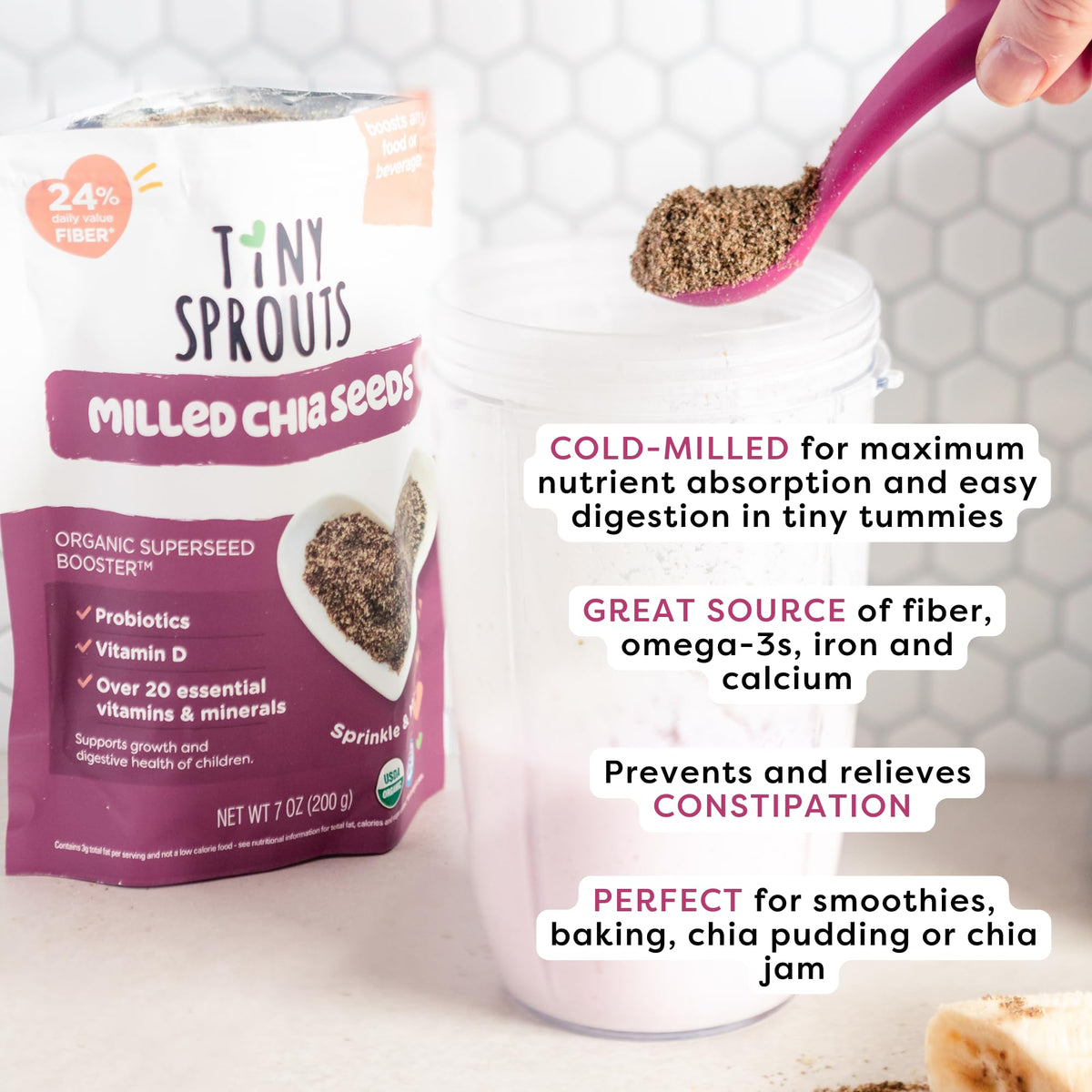 Tiny Sprouts Organic Milled Chia Seeds + Full Serving Probiotic with Vitamin D3 - Kids Superfood Nutrition Booster I Plant-Based Omega-3, Prebiotic