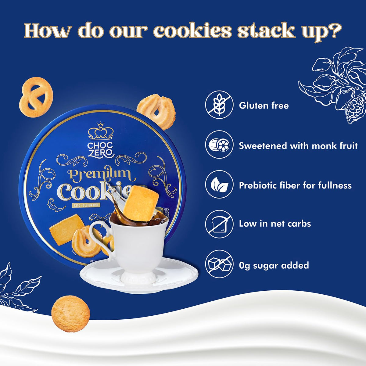 ChocZero Keto Butter Cookies - Sugar Free Danish Shortbread Gift - Gluten Free, Low Carb (1 tin, 12 oz)