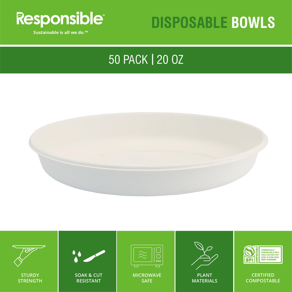 Responsible Products 20 oz Oval Disposable Bowls I Tree-Less™ Compostable Molded Fiber Burrito Bowls I Extra Strength I NO-PFAS I Classic White (50