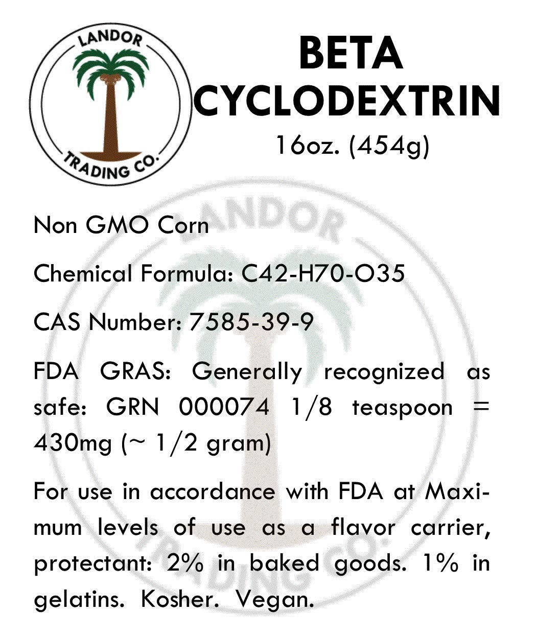 Beta Cyclodextrin - Food Grade 16 Ounces (454 Grams)
