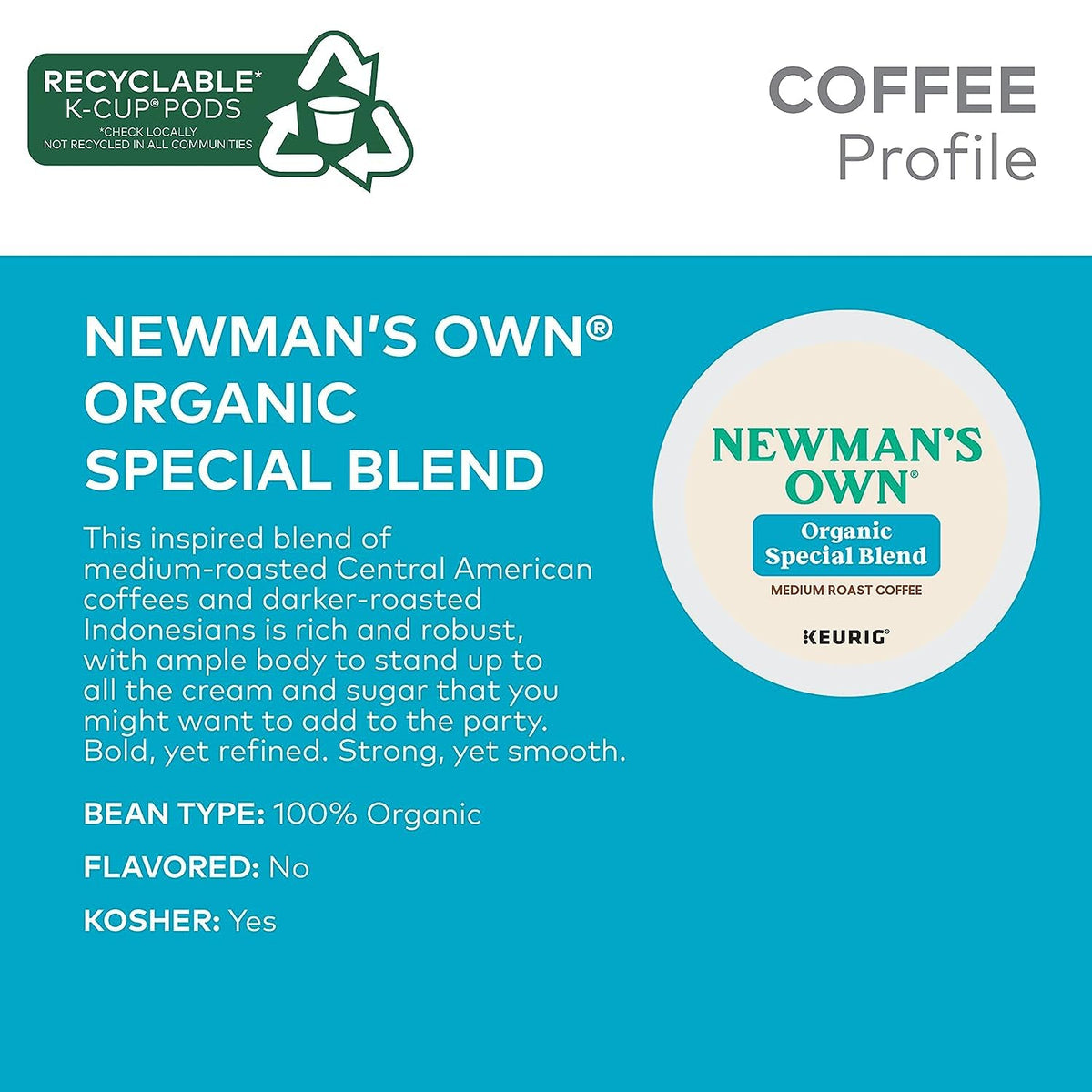 Newman's Own Organics, Special Blend, Single-Serve Keurig K-Cup Pods, Medium Roast, 120 Count (5 Boxes of 24 Pods)