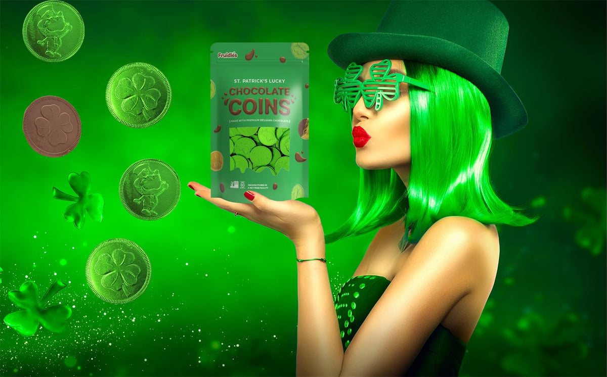Fruidles Saint Patrick's Day 50 Clover Shamrock Leprechaun Chocolate Green Coins, Premium Belgian Nut-Free Milk Chocolate, Kosher, (50 Pack)