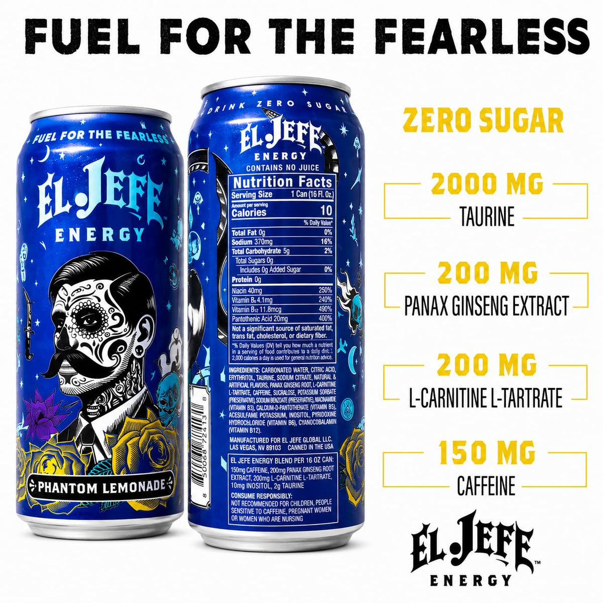 EL JEFE Energy Drink, Phantom Lemonade, Zero Sugar, 16 fl oz Cans, 12-Pack