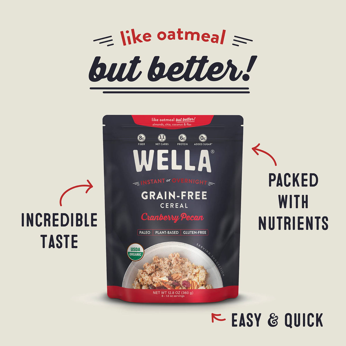 Wella Cereal Oatmeal Alternative, Gluten-Free Breakfast Hot Cereal, Grain-Free Paleo Organic Vegan High Protein Superfood, Plant-Based Non-GMO, Low in
