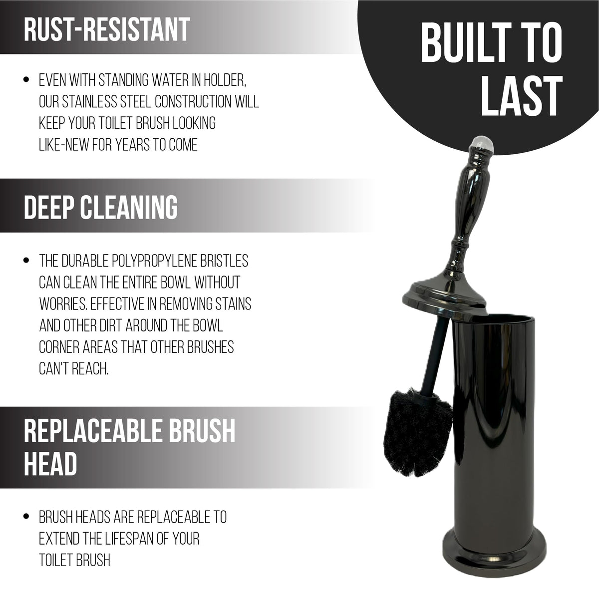 Splash Home Buena Stainless Steel Toilet Brush with Holder, Bowl Scrubber with Durable Cleaning Bristles, Hidden Brush with Splash Protective Disc