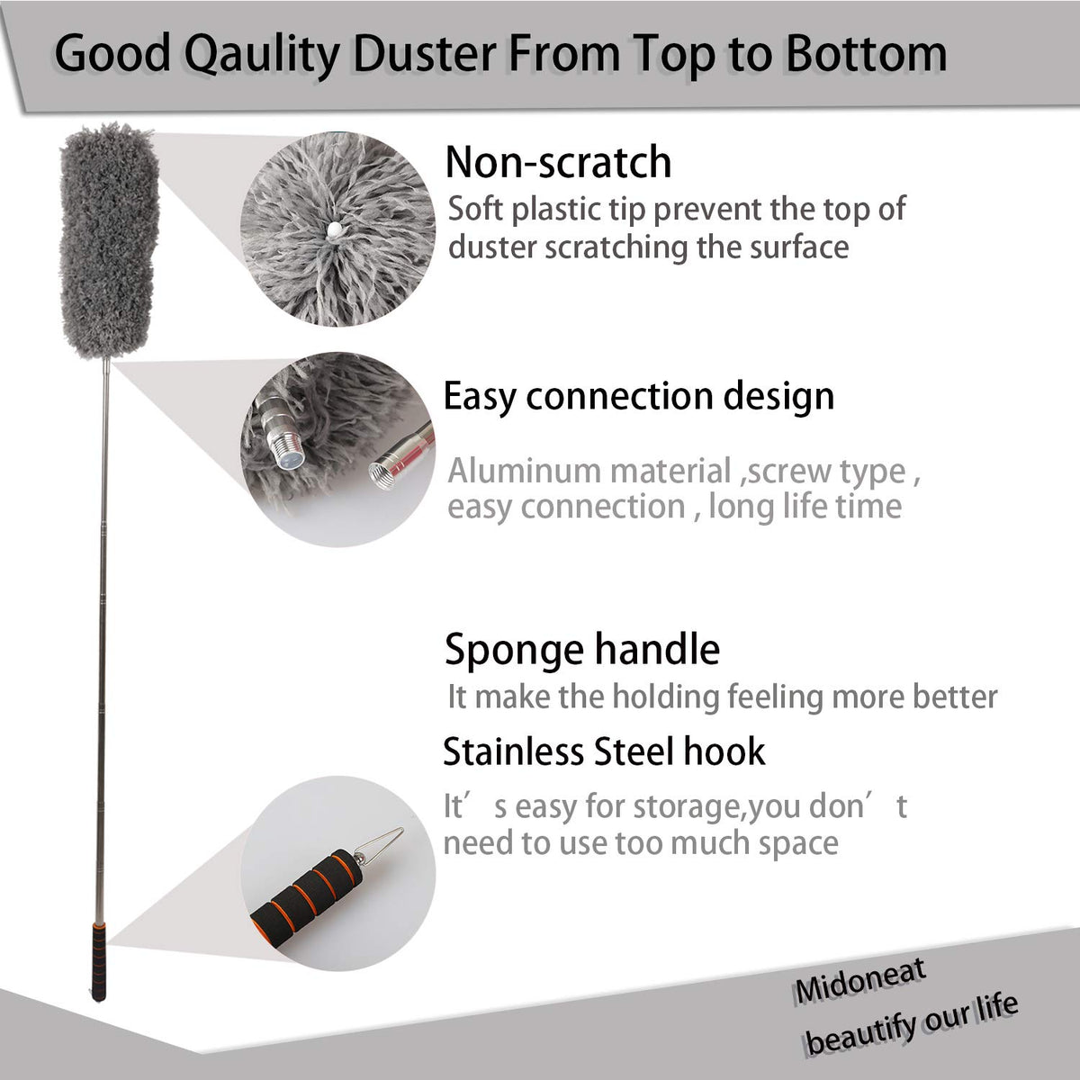 Midoneat Lambswool Duster with Extra Flexible Microfiber Head,Long Reach/Extendable Duster Up to 86" for Cleaning High Ceiling Fan, Interior Roof