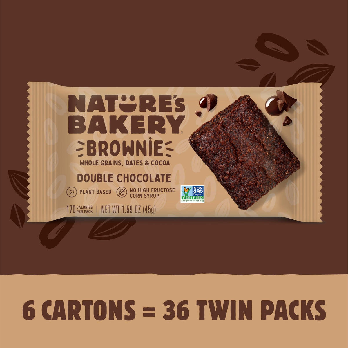 Nature’s Bakery Double Chocolate Brownie Bars, Whole Grains, Dates, and Cocoa, Plant Based, Dairy-Free, Snack Bar, 6 Count (Pack of 6)