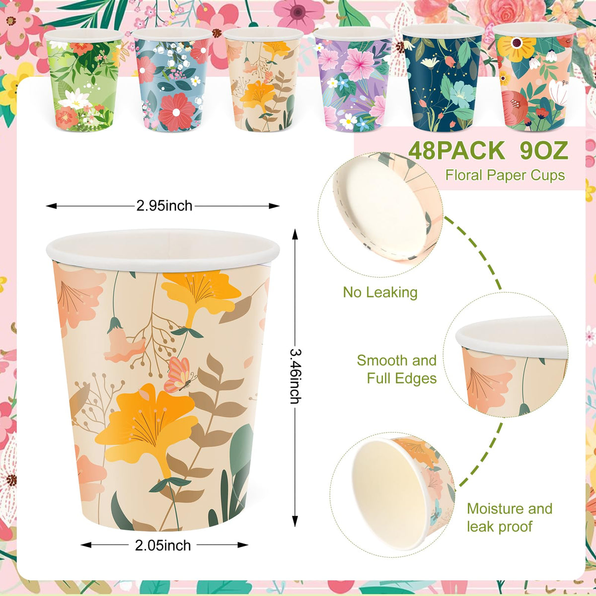 Disposable Paper Cup 9oz 48 Pcs - 6 Unique Floral Designs Drinking Cup, Perfect for Spring Birthday Parties, Easter, Bridal Showers, Weddings, Tea