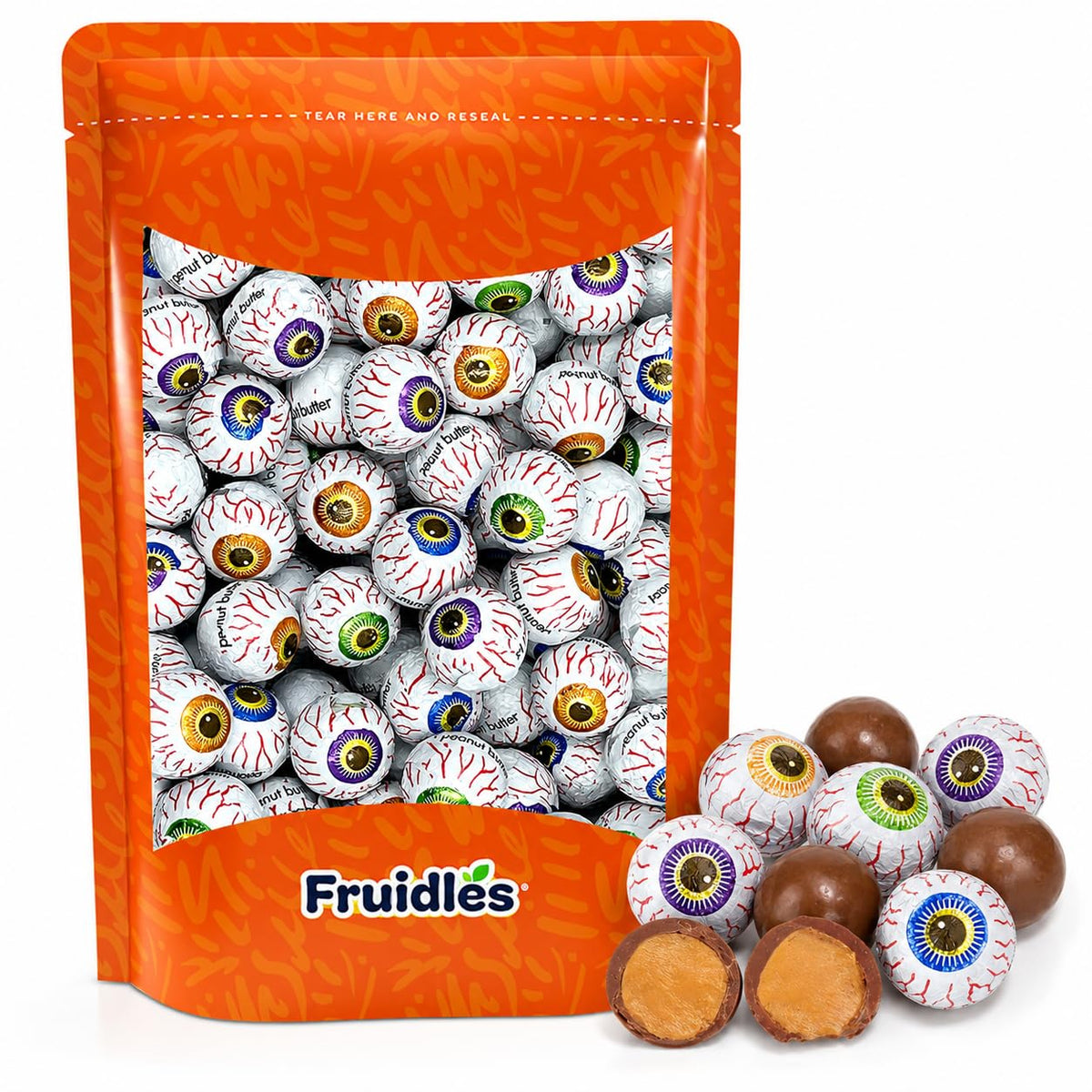 2 Pounds Halloween Peanut Butter Spooky Eye Balls, Trick-Or-Treat Party Bag Fillers, Individually Wrapped in Multi-color Eye Design Foils, Kosher
