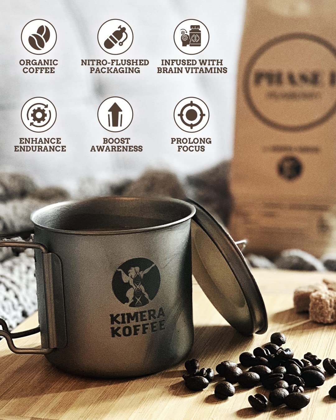 Kimera Koffee Amber Blend - Organic Honey-Processed Light Roast Nootropic Coffee with Alpha-GPC, Taurine, DMAE, L-Theanine, 12oz Ground